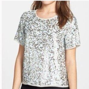 NWT Pleione Blue Silver Sequin Sparkle Short Sleeve Blouse, Size Small Petite